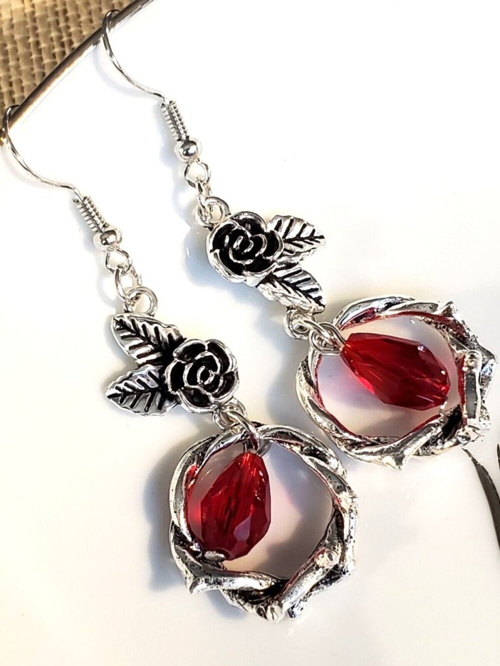 Blood Red Crystal Teardrop Roses Dead Vines Silver Vampire Goth Enamel Earrings
